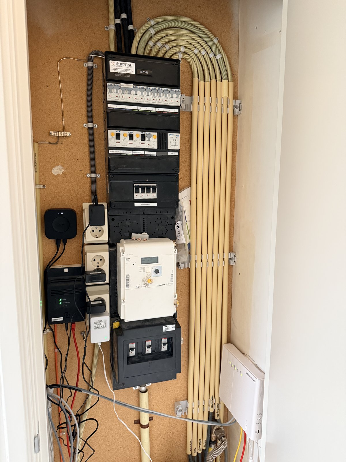 Meterkast met groepenkast, bekabeling en leidingwerk in meterkastkast